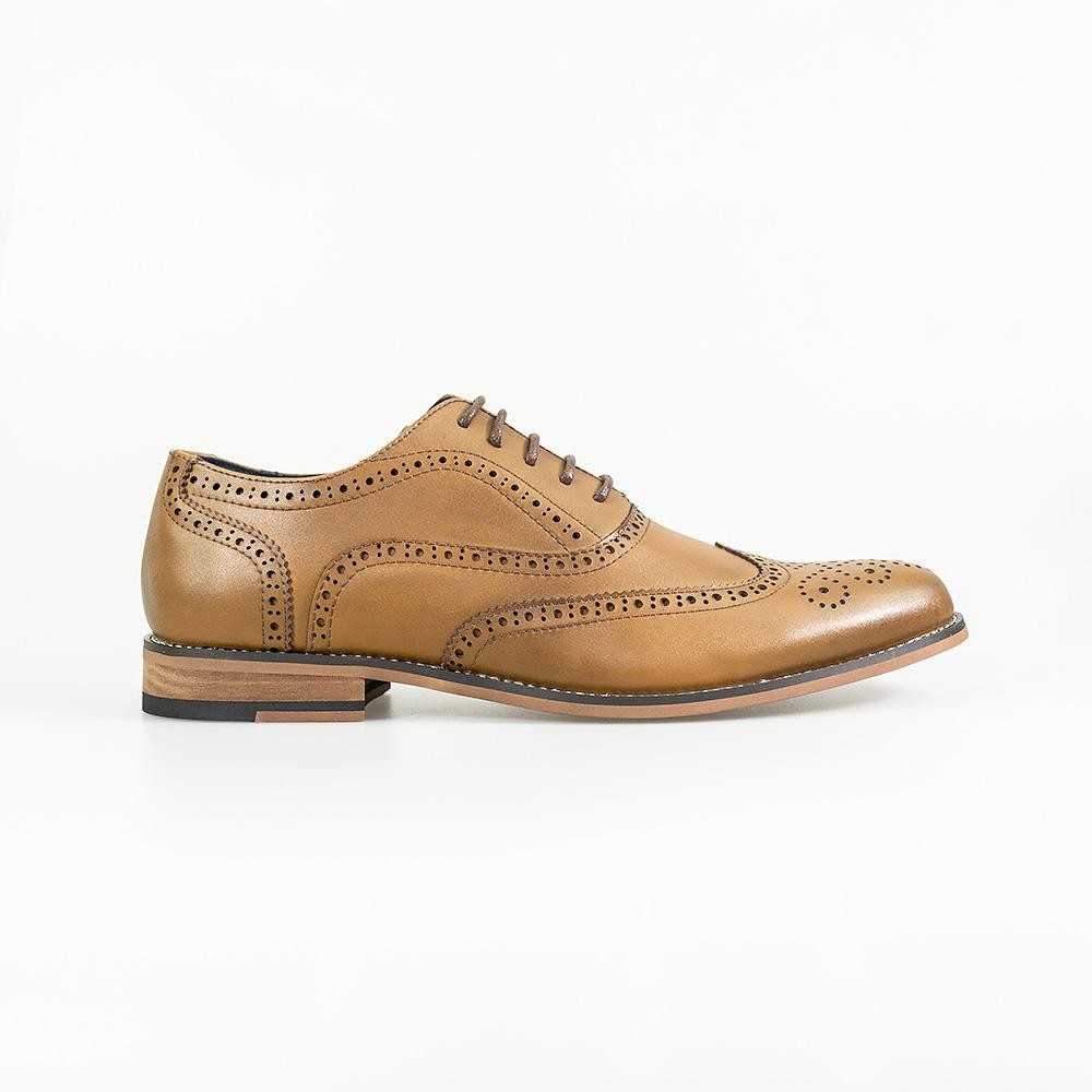 Men's Lace Up Leather Brogue XL Big Size Shoes - Oxford  - Tan Brown