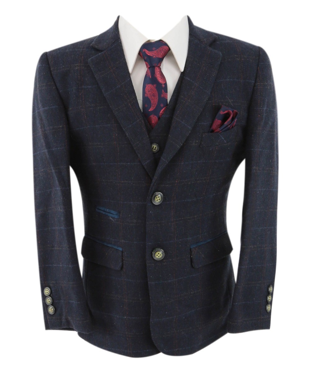 Boys Tweed Windowpane Check Tailored Fit Suit - Ryan Navy - Navy Blue