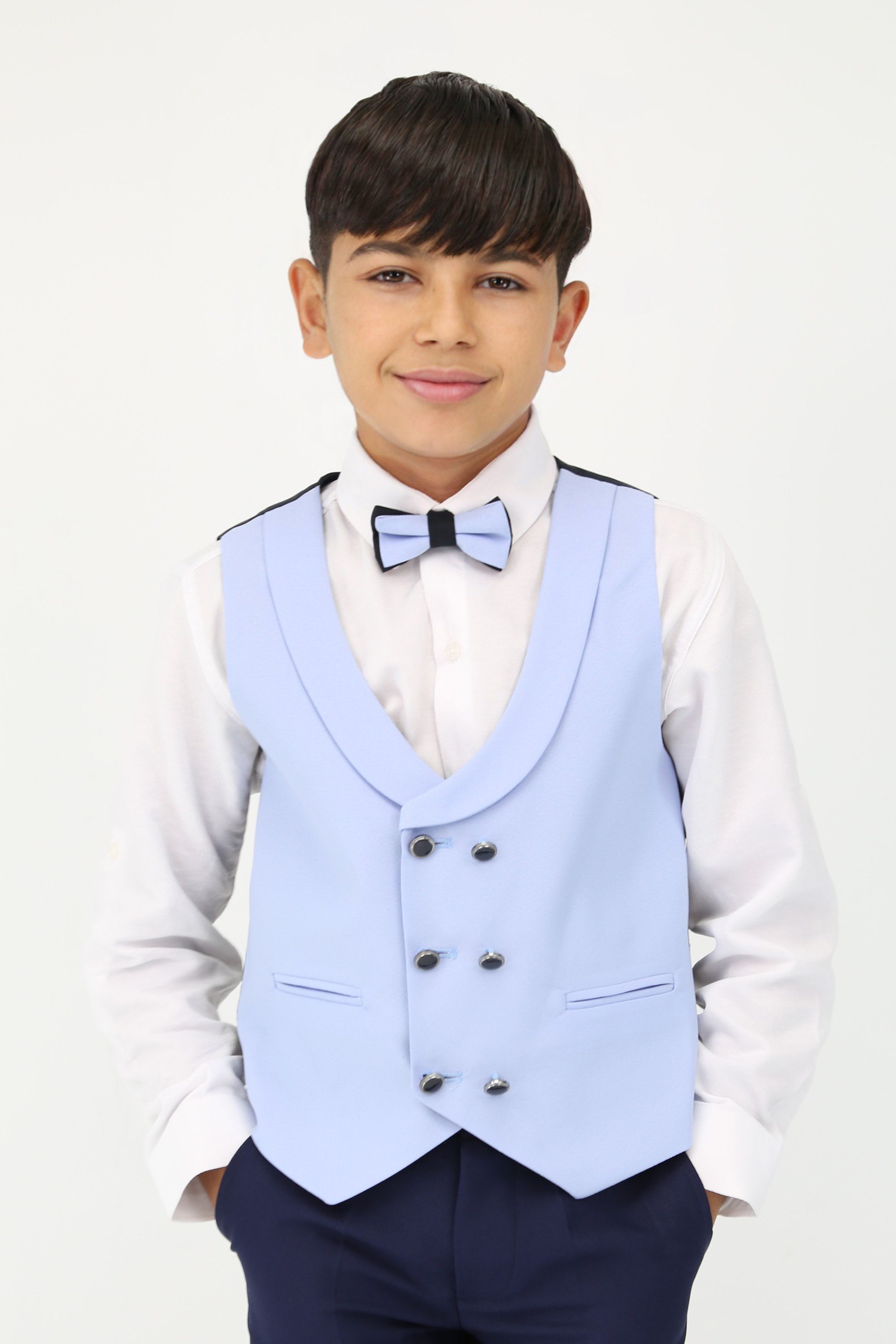 Boys Light Blue 6 PC Suit Set with Black Contrast Lapels