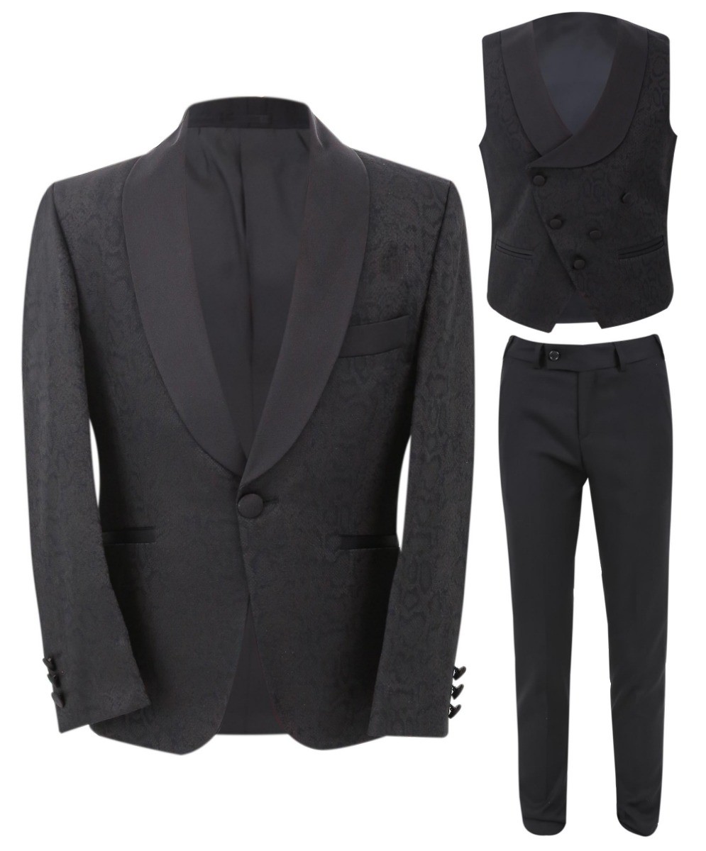 Boys Jacquard Patterned Tuxedo Suit - ASHLEY - Black