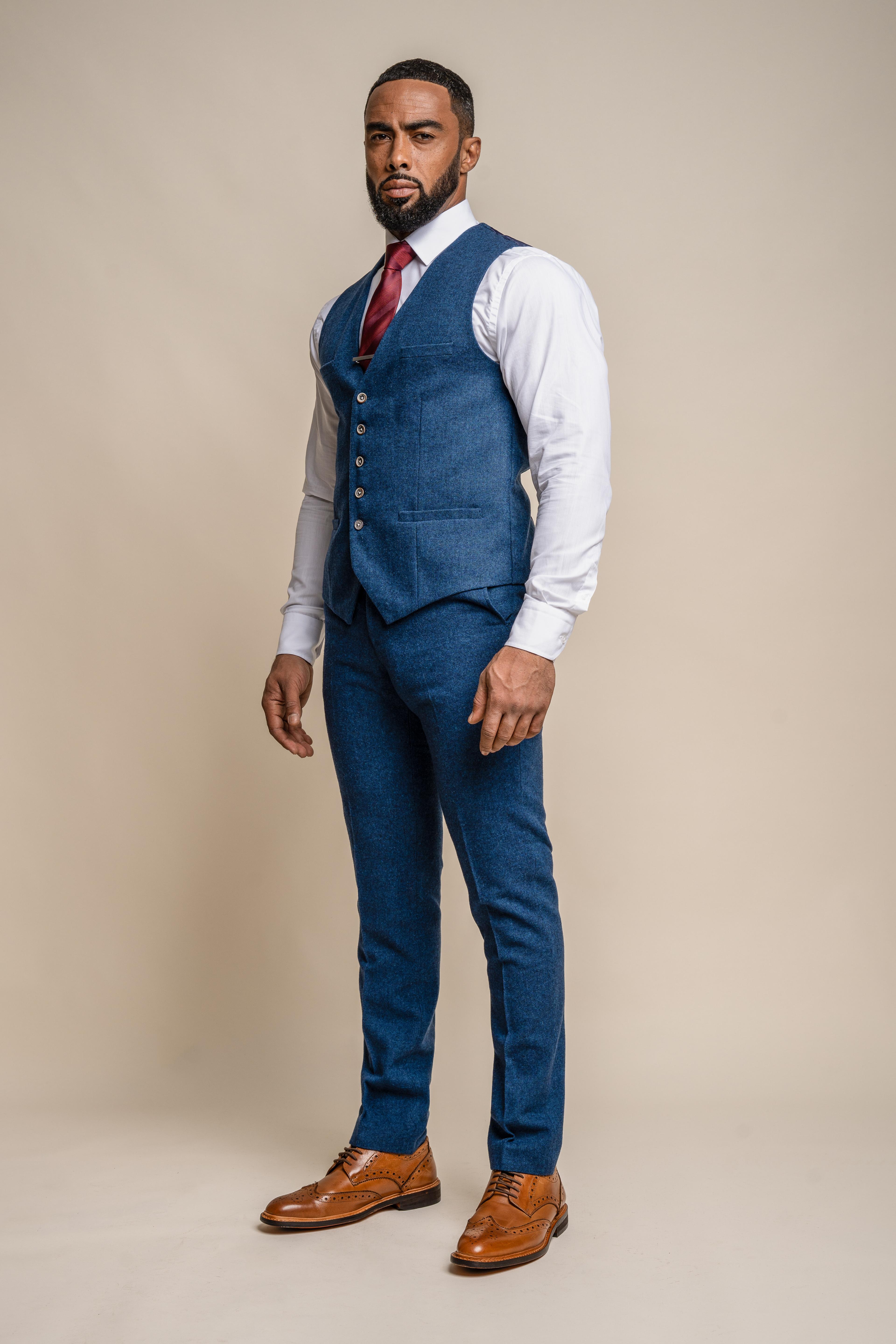 Men's Tweed Wool Slim Fit Formal Blue Suit - ORSON - Blue