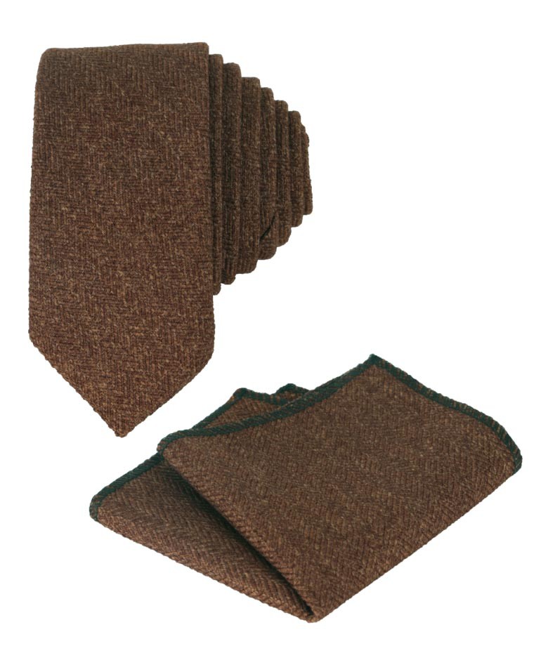 Boys & Men's Herringbone Tweed Tie & Pocket Square Set - Cinnamon Brown