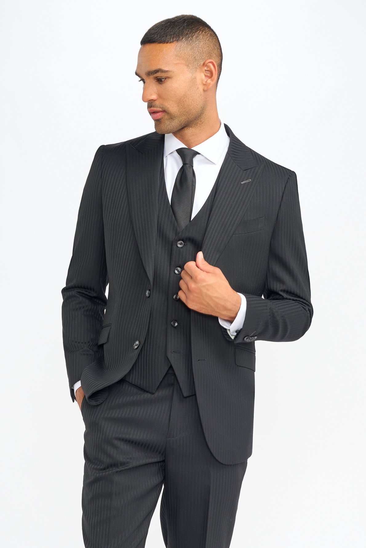 Men’s 3 Piece Black Wool Pinstripe Suit - Roberto