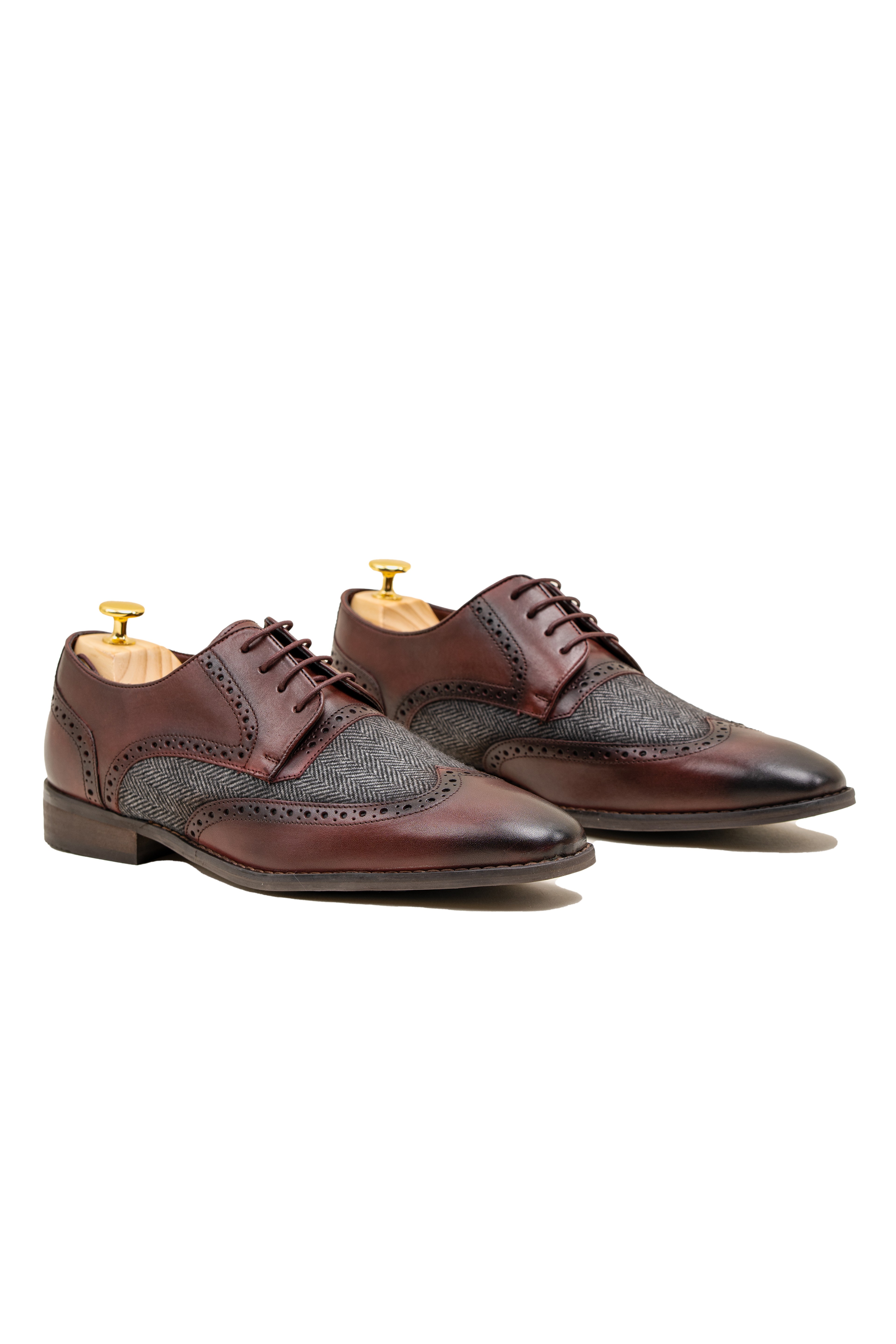 Men's Genuine Leather & Tweed Brogue Shoes - FARO - Burgundy