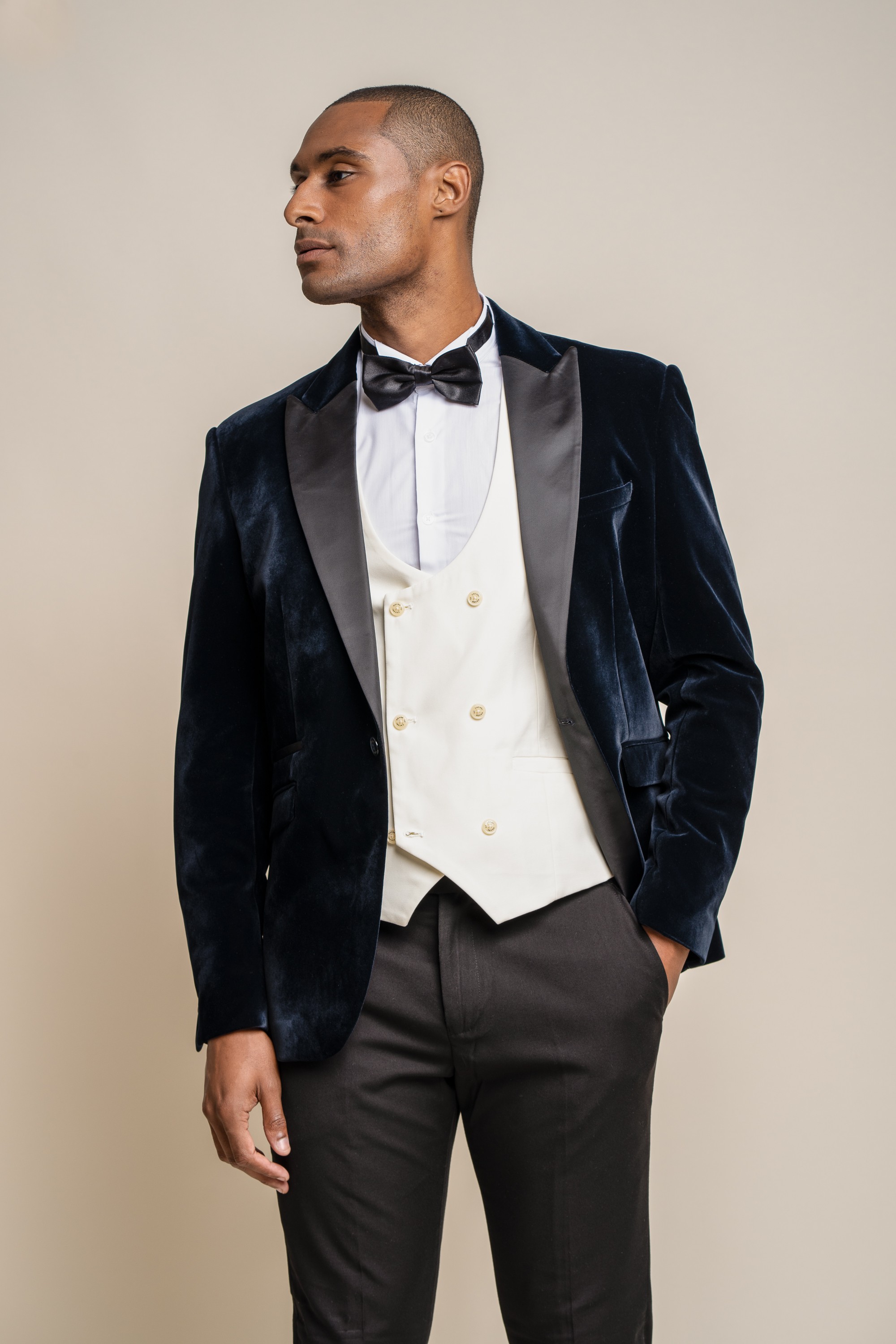 Men's Slim Fit Velvet Tuxedo Blazer - ROSA - Navy Blue