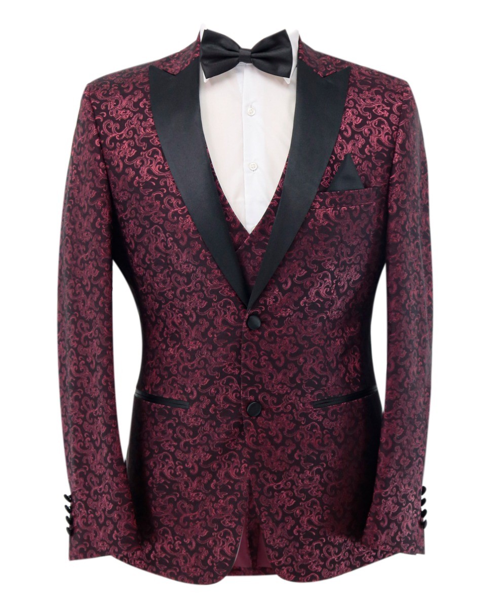 Men's Patterned Shimmer Burgundy Tuxedo Suit - AARON