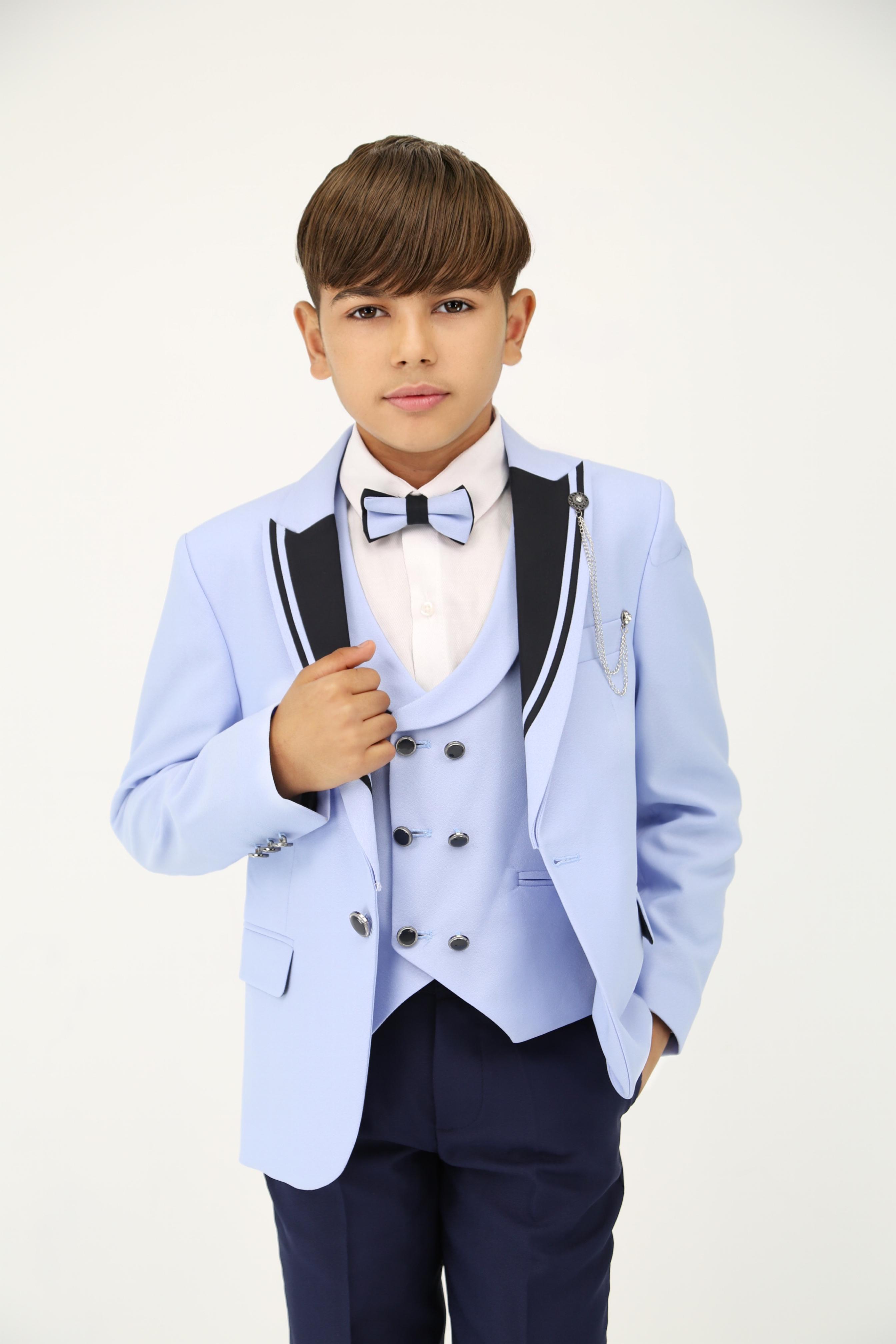 Boys Light Blue 6 PC Suit Set with Black Contrast Lapels