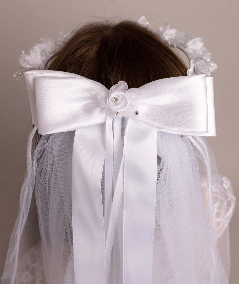 Girls White Floral Tiara & Bow Veil - CMV-2330