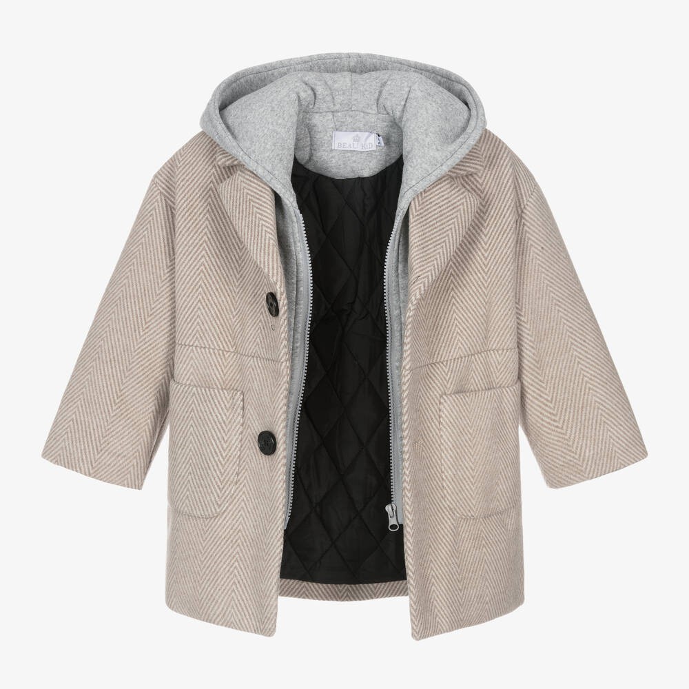 Boys Beige Hooded Herringbone Coat with Jersey Insert