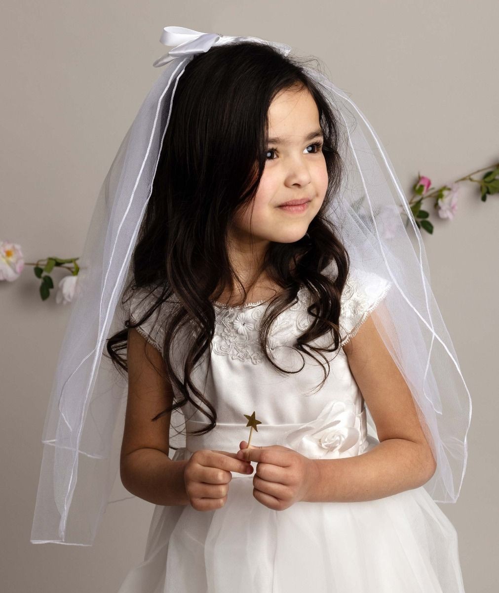 Girls White Crystal Cross & Bow Tulle Veil - 607