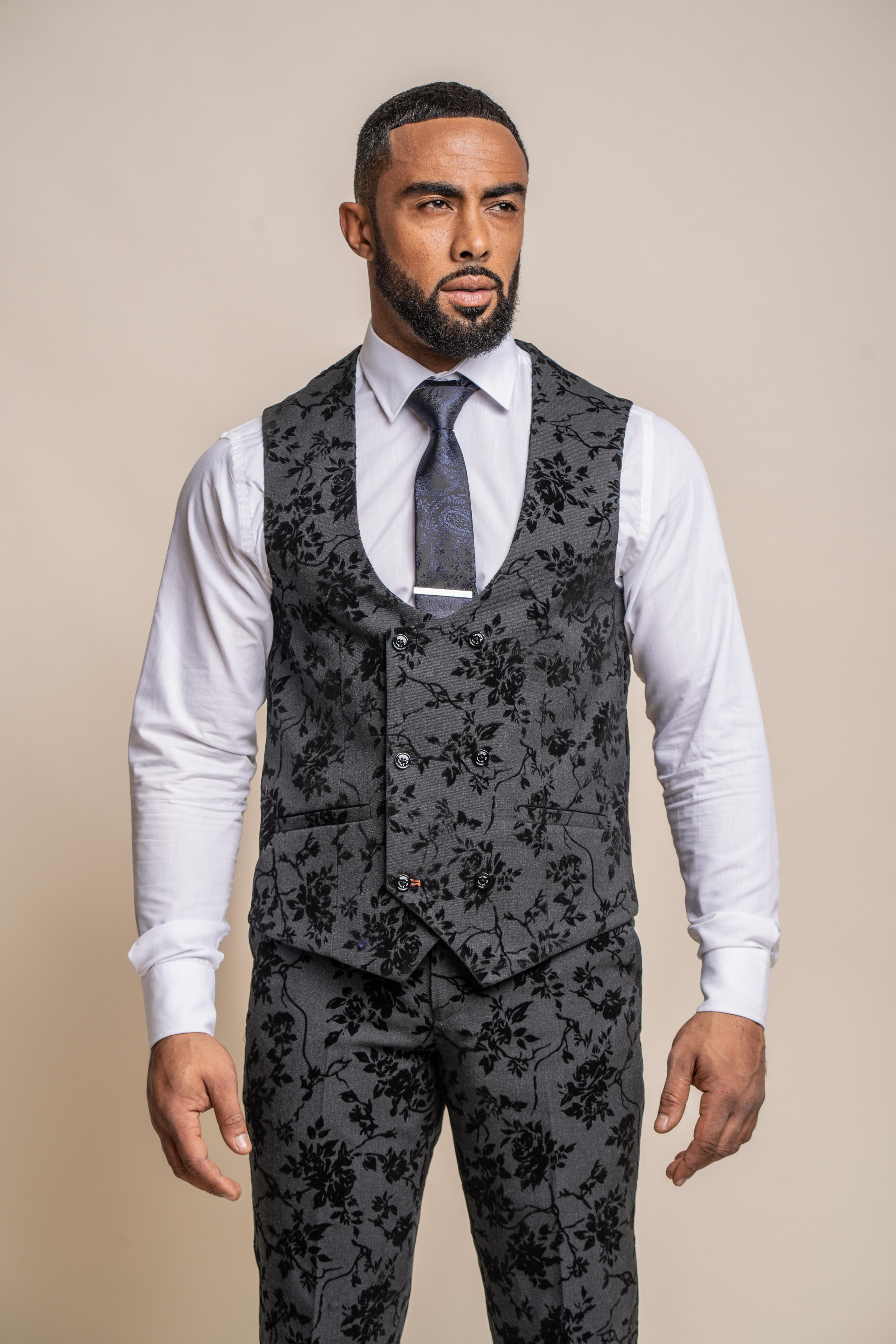 Men's Black Velvet Floral Embroidered Suit- GEORGI - Black