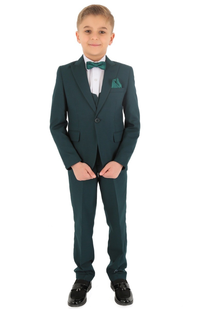 Boys Slim Fit Herringbone 8 Piece Suit Set - KING - Emerald Green