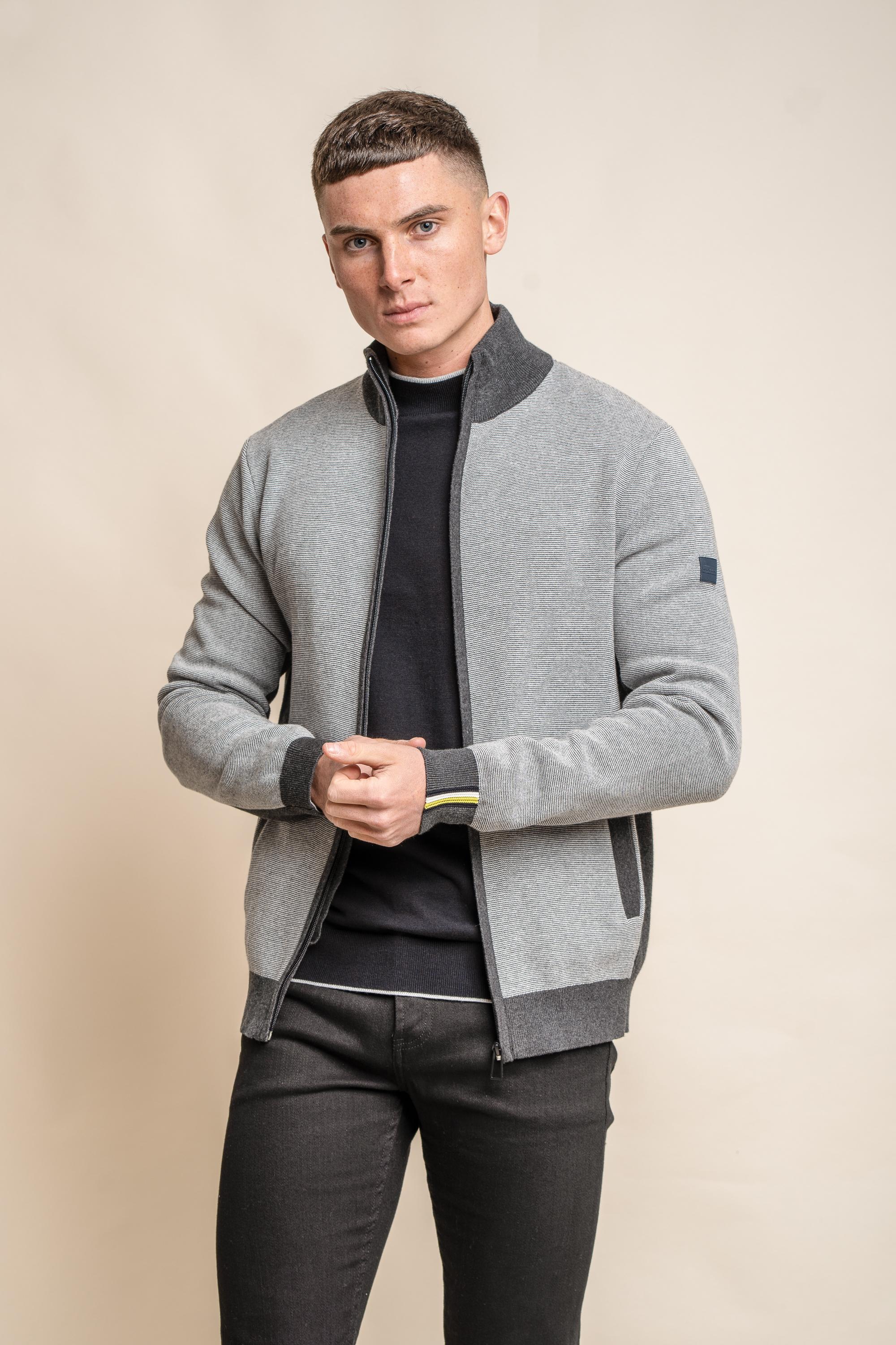 Men's Knitted Cotton Slim Fit Cardigan Jacket - ARTEGA - Light Grey