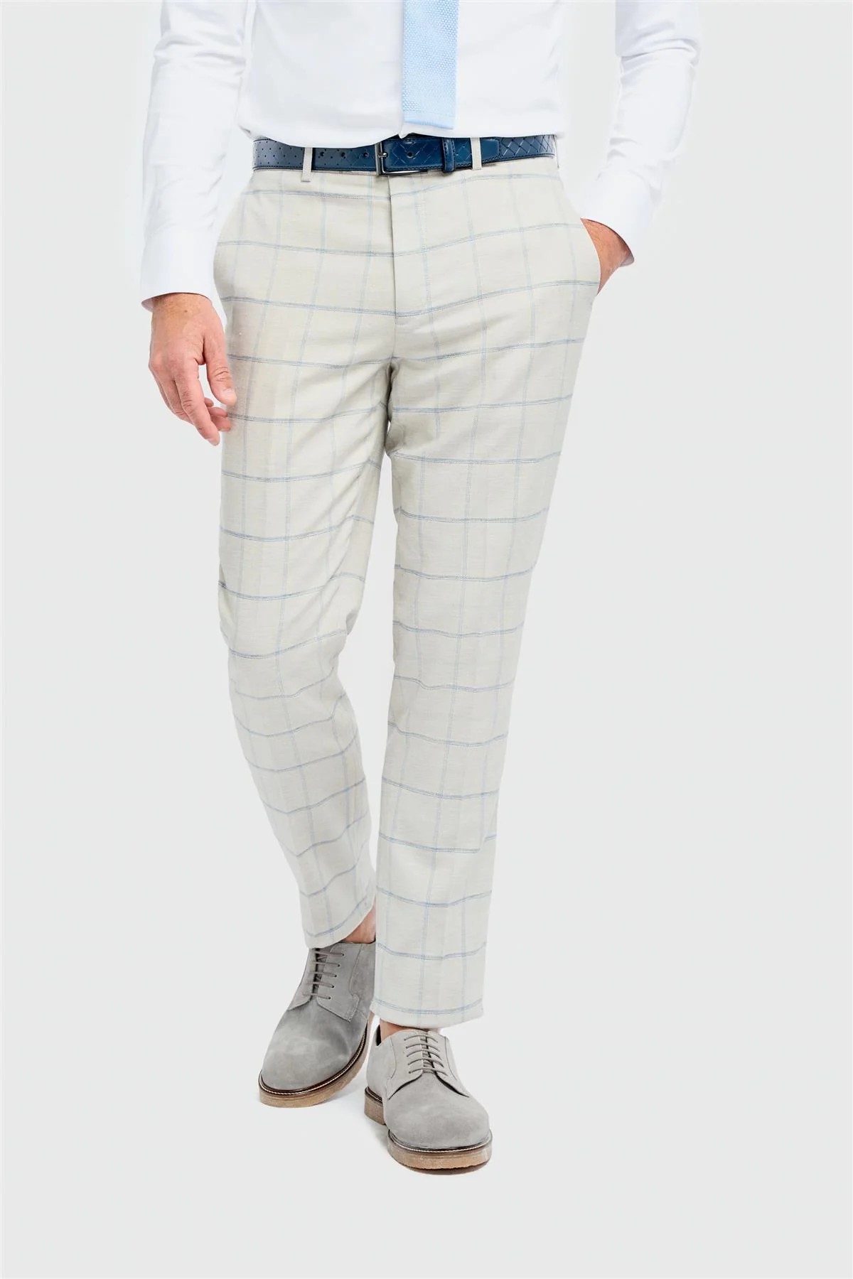 Men’s Light Grey Windowpane Check Trousers - Gabriel