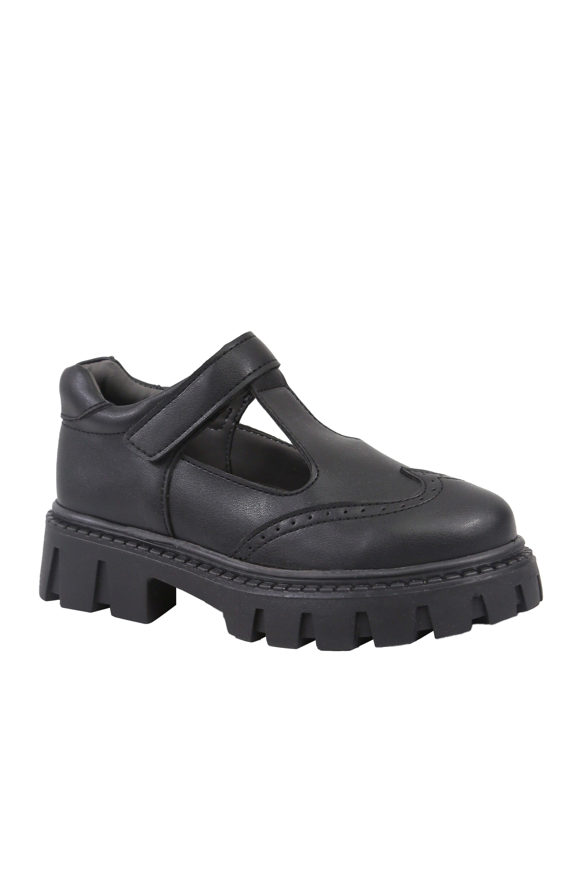 Girls Black Brogue Mary Jane Platform School Shoes - Mat Black