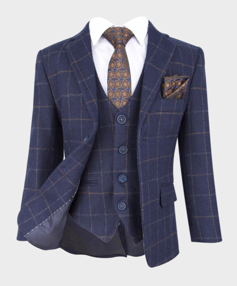 Boys Tailored Fit Tweed Check Navy Suit - SHELBY