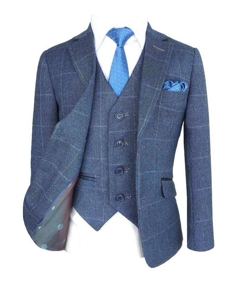 Boys Exclusive Check Tweed Blue Suit