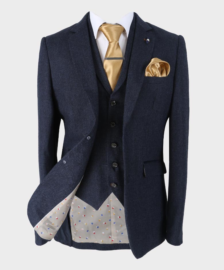 Men's Herringbone Tweed Slim Fit Suit Jacket - MARTEZ - Navy Blue