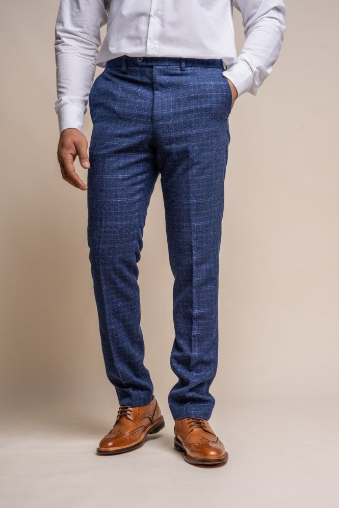 Men's Tweed Check Navy Slim Fit Trousers - KAISER