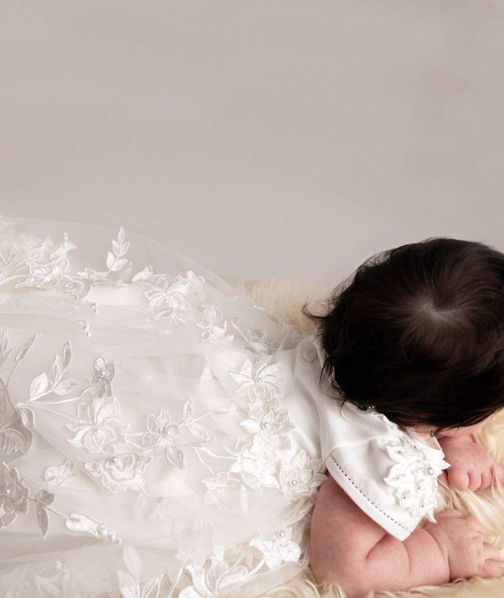 Baby Girls Floral Lace Off White Christening Gown - KRYSTAL