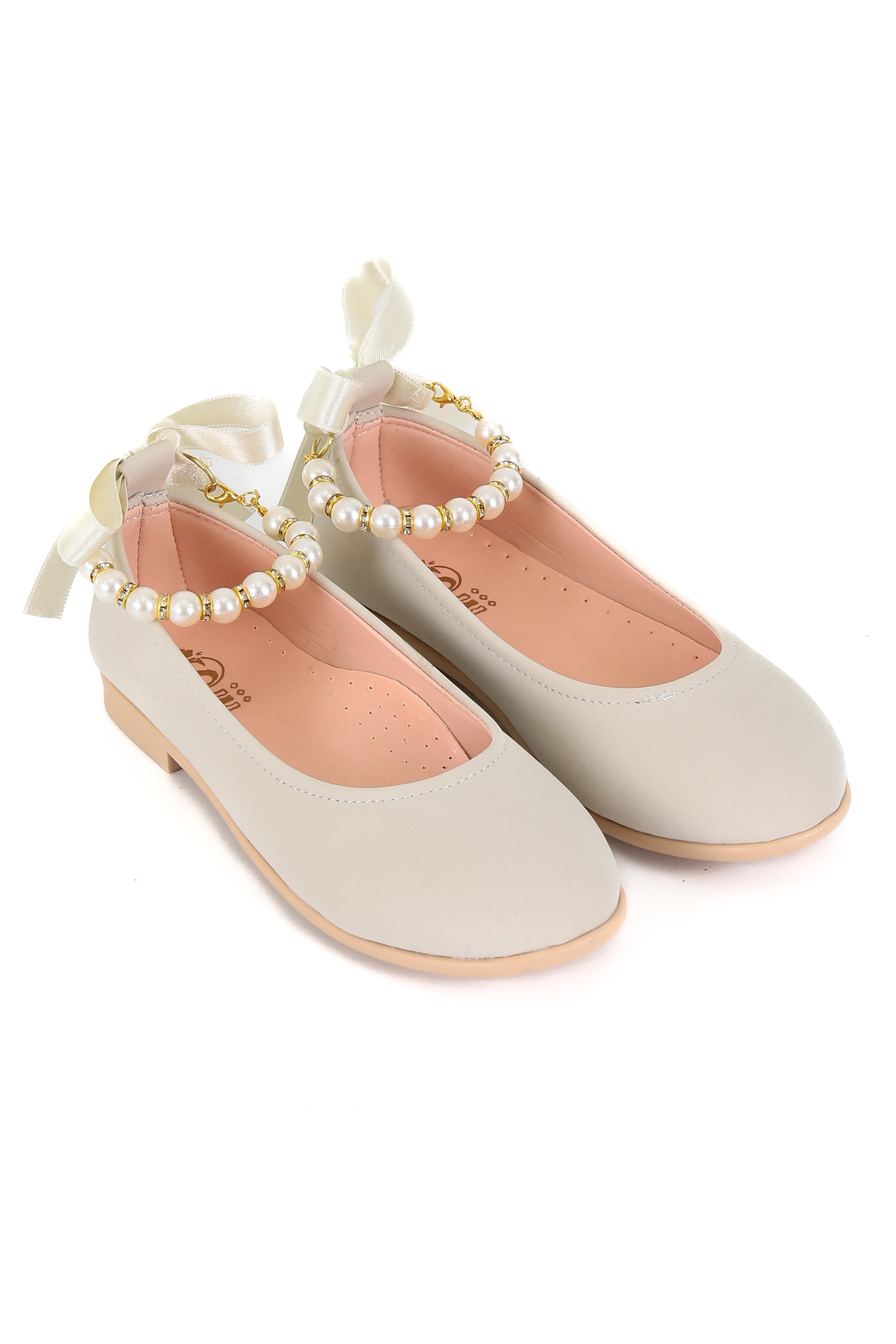 Girls Pearls Flat Mary Jane Shoes - ISABEL - Beige