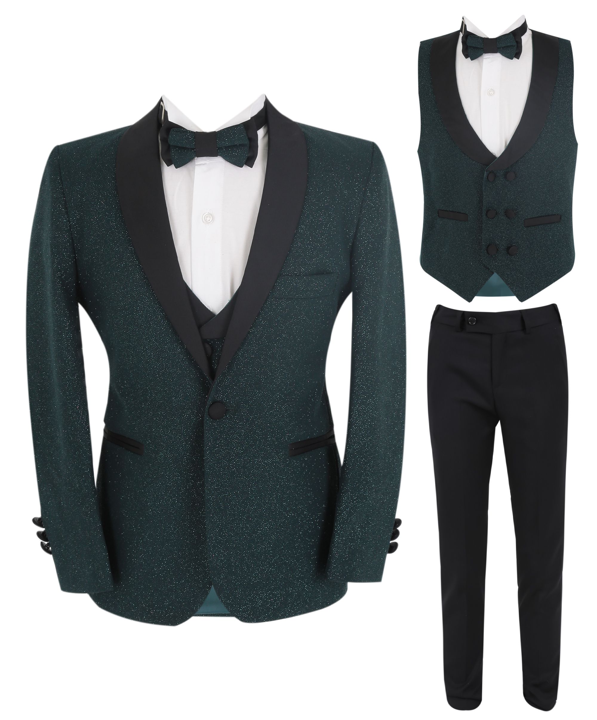 Boys Slim Fit Shimmer Tuxedo Suit  - Dark Green
