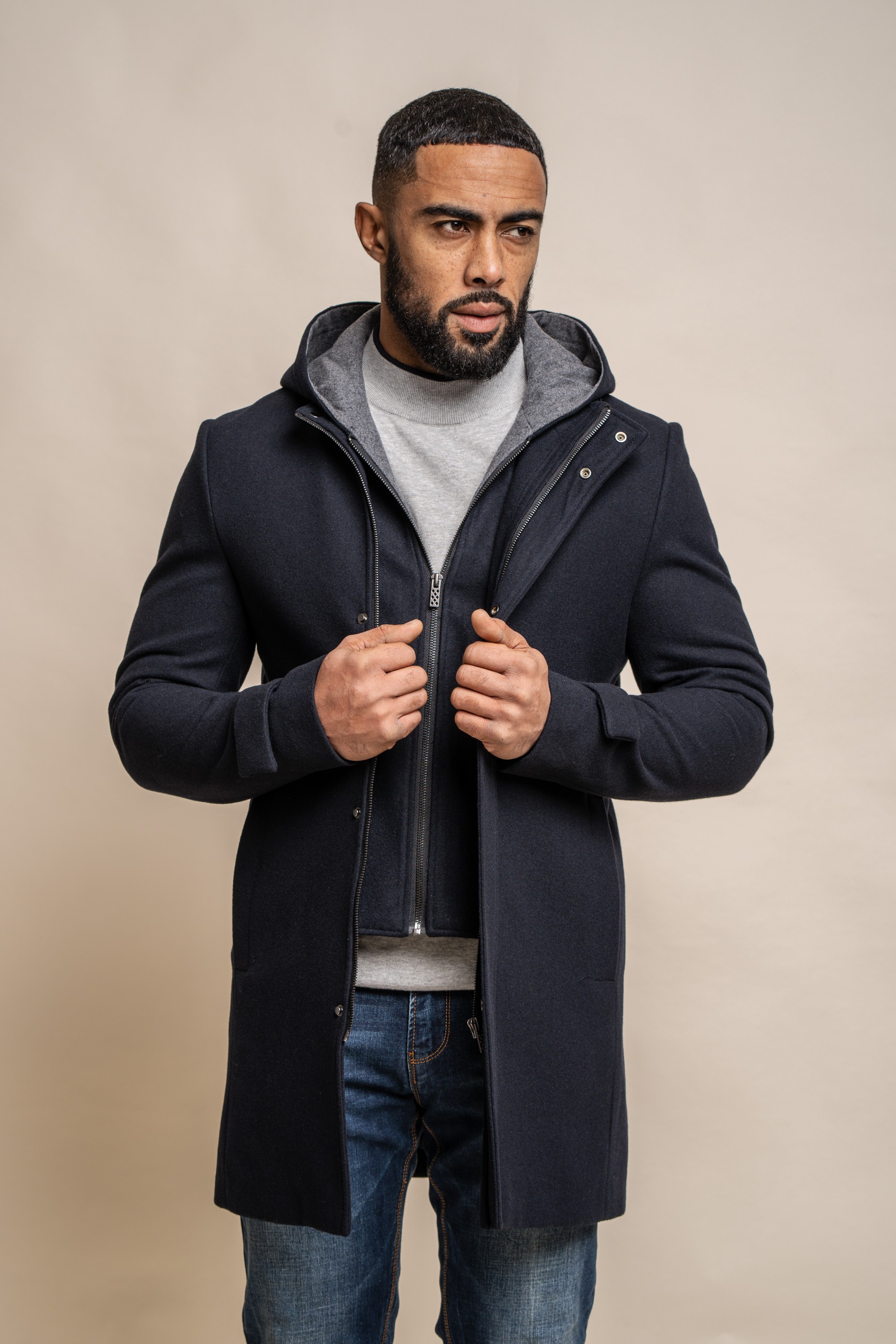Men's Wool Blend Hooded Coat - MICHIGAN - Navy Blue
