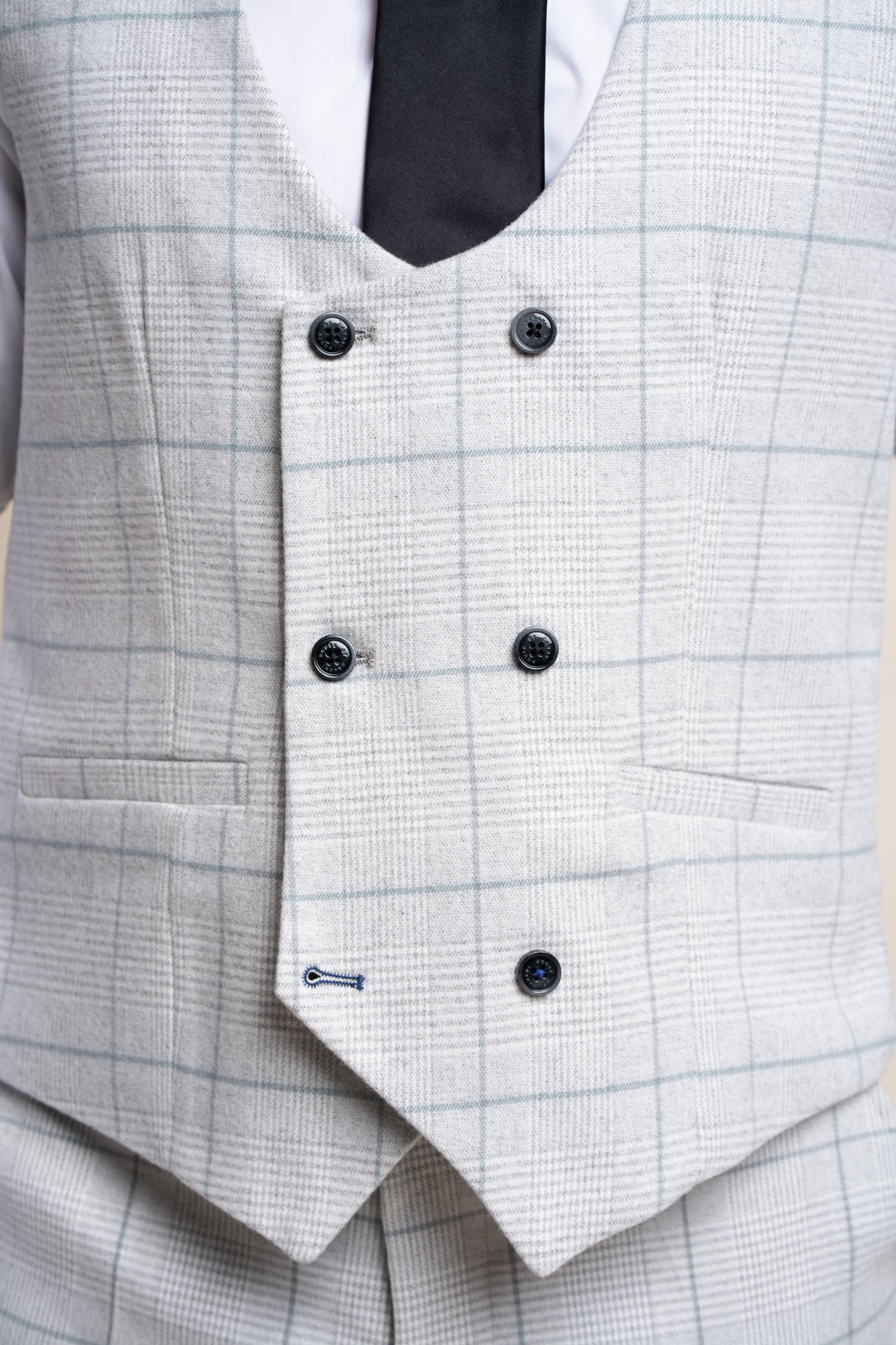 Men's Double Breasted Retro Check Grey Waistcoat - RADIKA - Light Grey