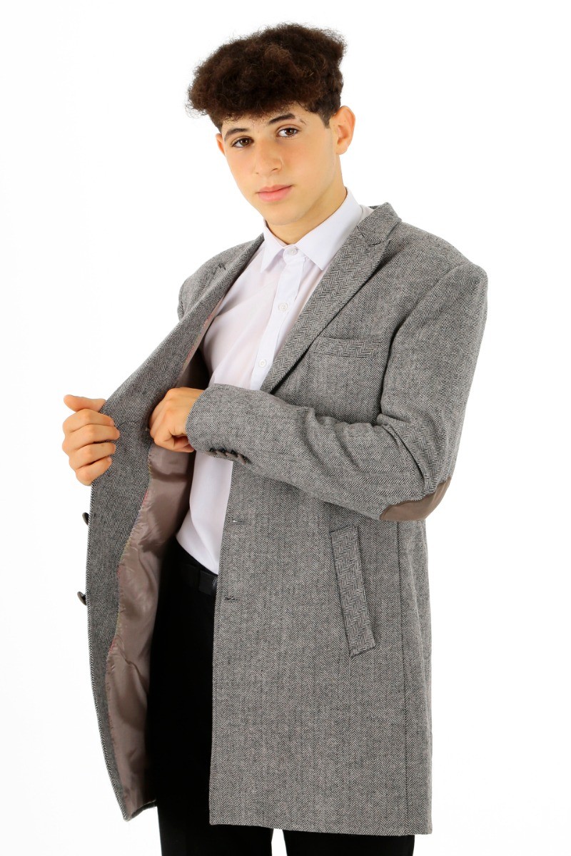 Boys Wool Herringbone Tailored Fit Midi Winter Coat - Light Grey