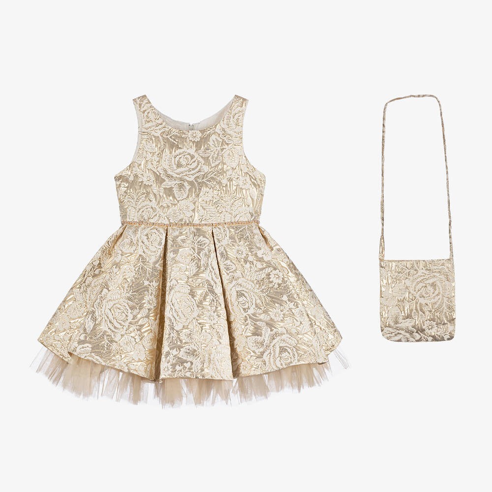 Girls’ Gold Floral Brocade Dress & Bag Set - Myra