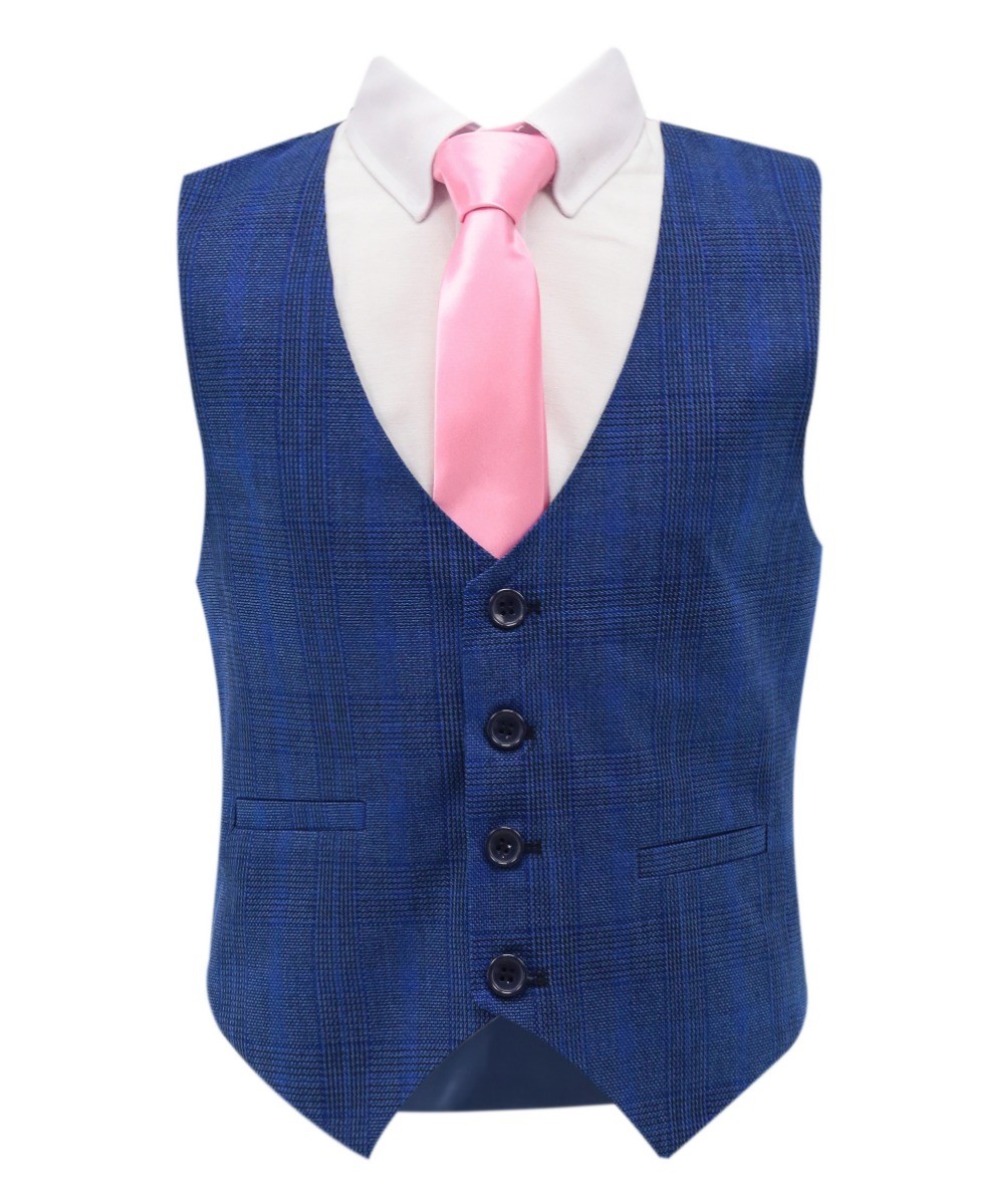 Boys Plaid Check Tailored Fit Blue Suit - LIONEL - Mid Blue