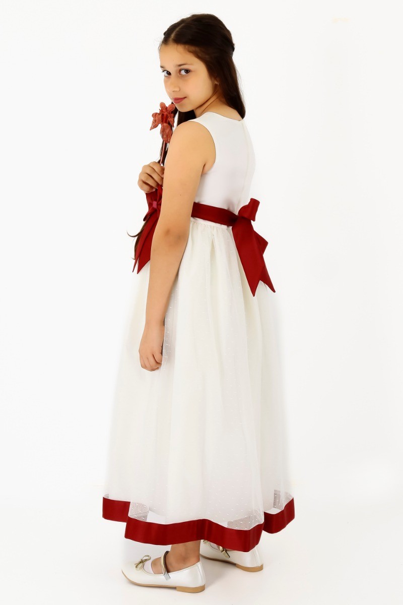 Girls Sleeveless Tulle Communion Dress - White - Burgundy
