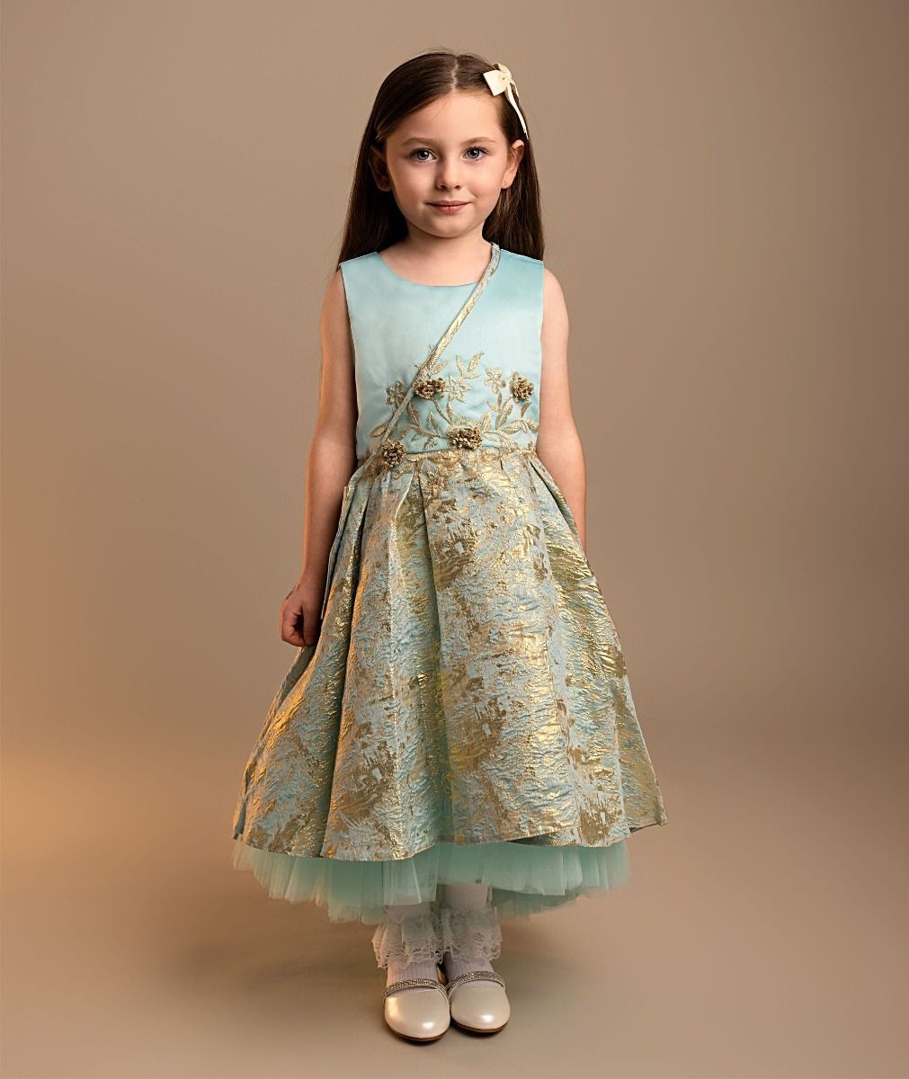 Girls’ Blue & Gold Brocade Dress Set - Tamia