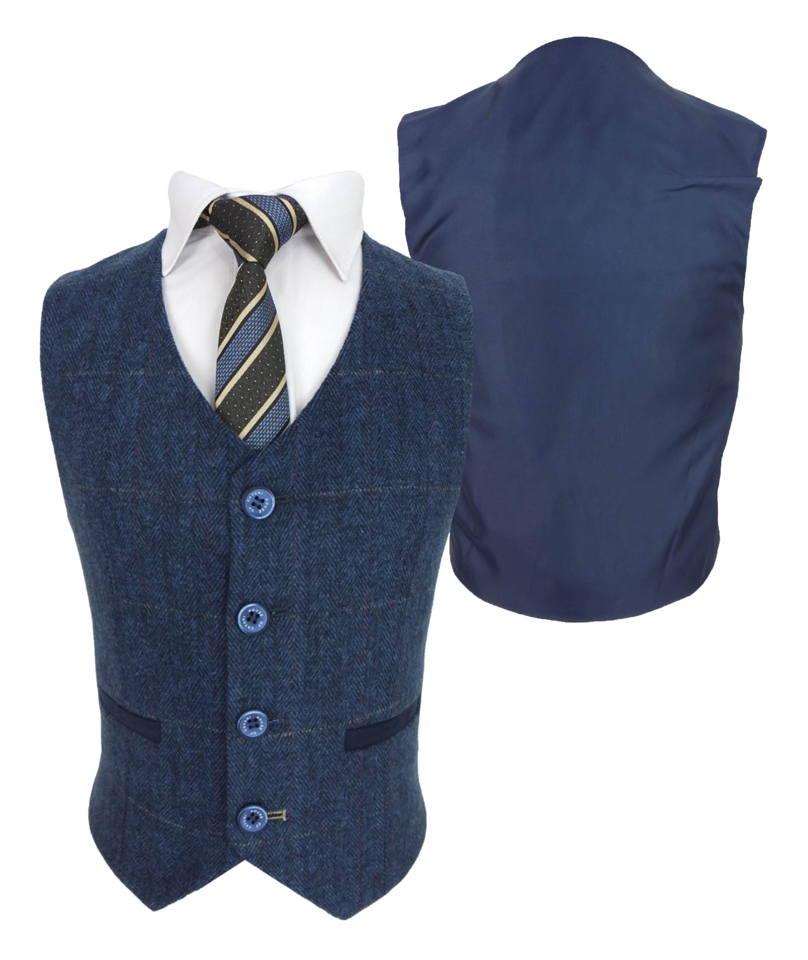 Boys Slim Fit Herringbone Tweed Blue Suit - CARNEGI