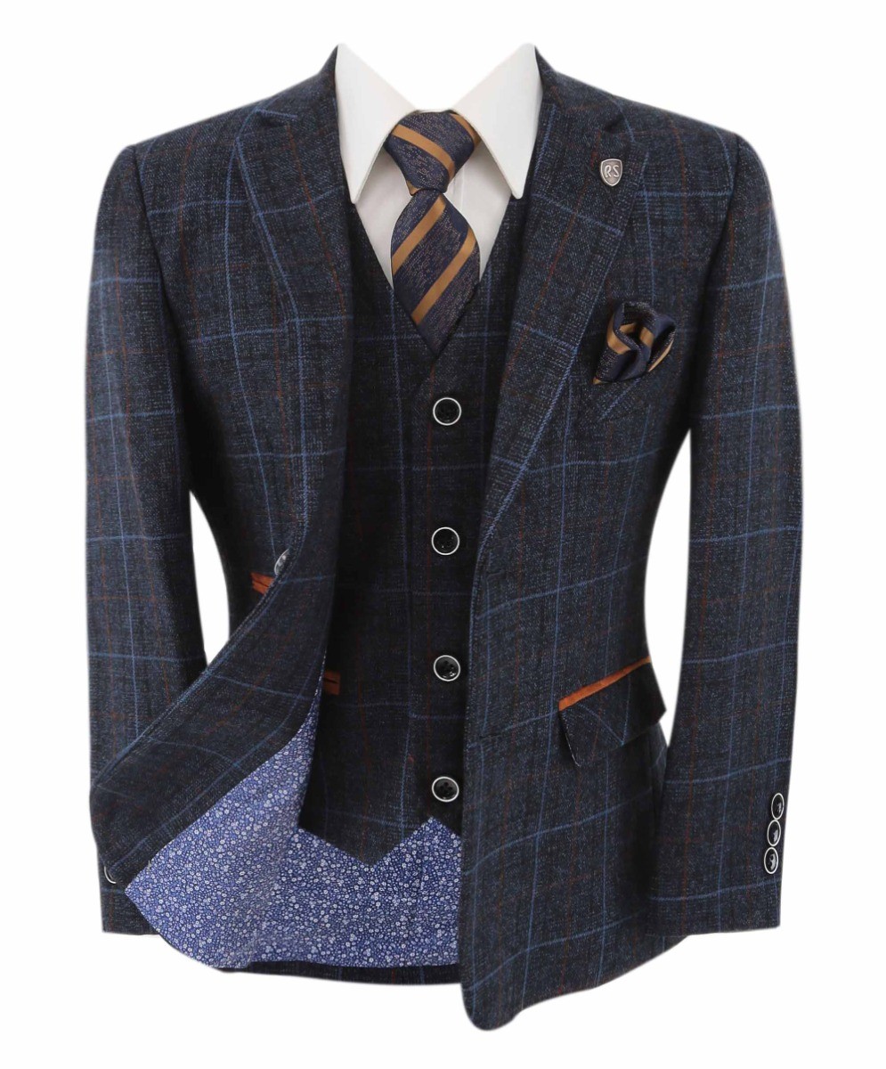 Boys Tailored Fit Retro Check Suit - ANTHONY NAVY