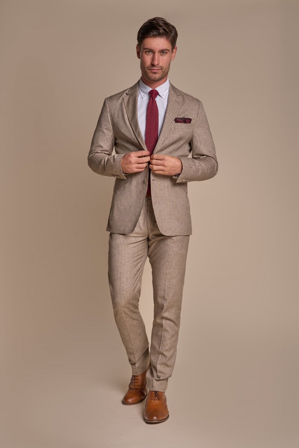 Men’s Slim Fit Pinstripe Beige Suit – KRAKEN Sand