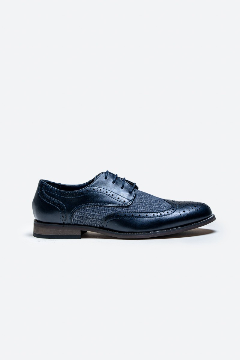 Men's Leather Tweed Retro Derby Brogue Shoes - Oliver - Navy Blue