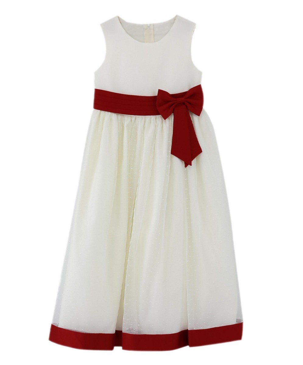 Girls Sleeveless Tulle Communion Dress - White - Burgundy