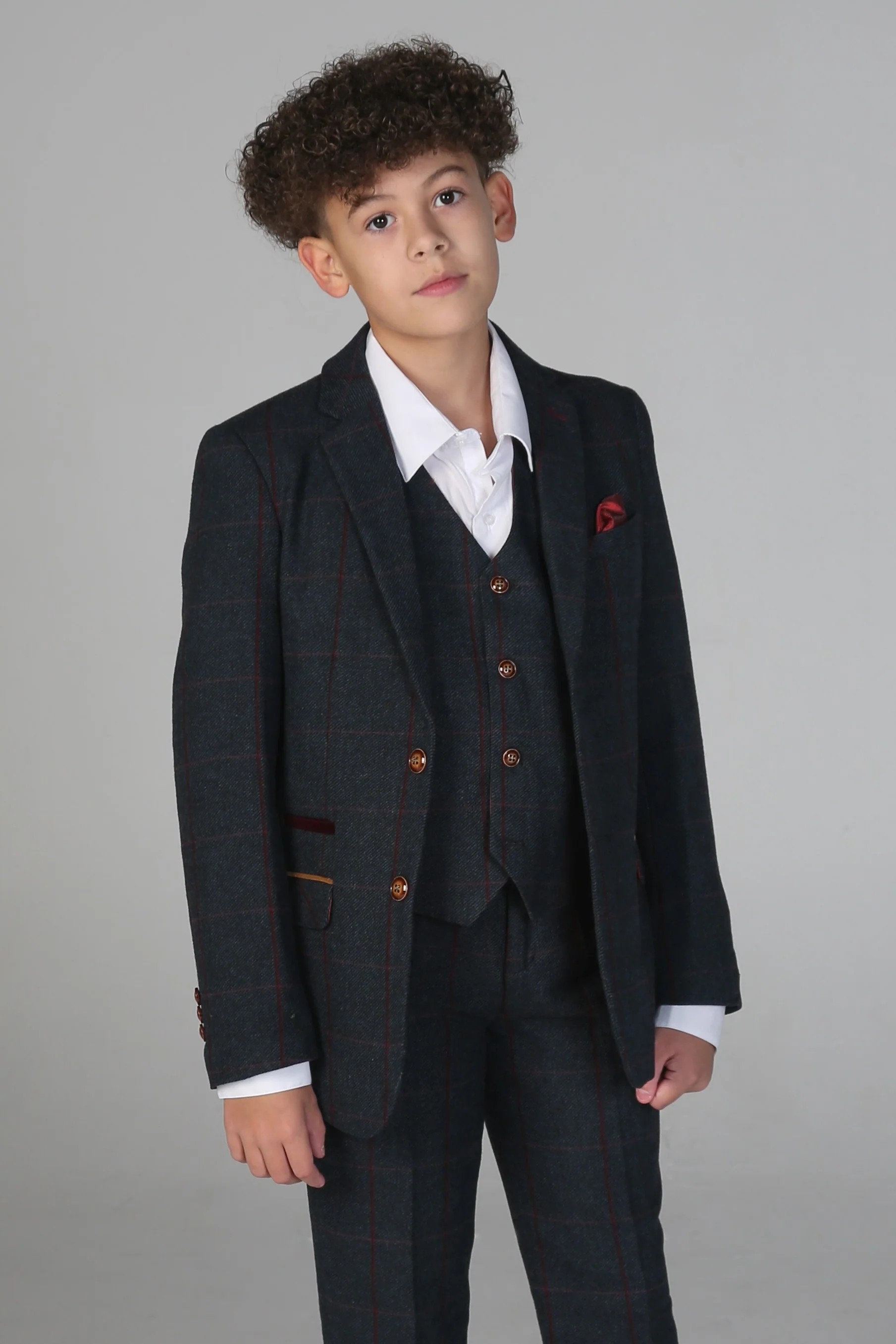 Boys 3 Piece Navy ًWindowpane Check Tweed Suit - MADRID