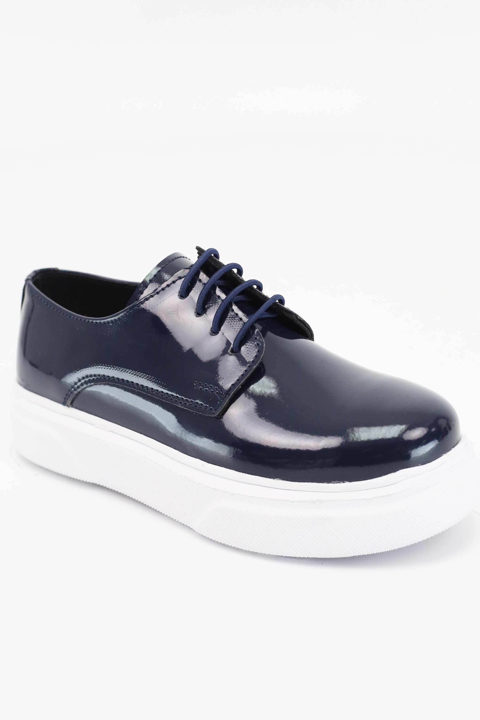 Boys Patent Black Lace-up Sneaker with White Thick Sole - Navy Blue