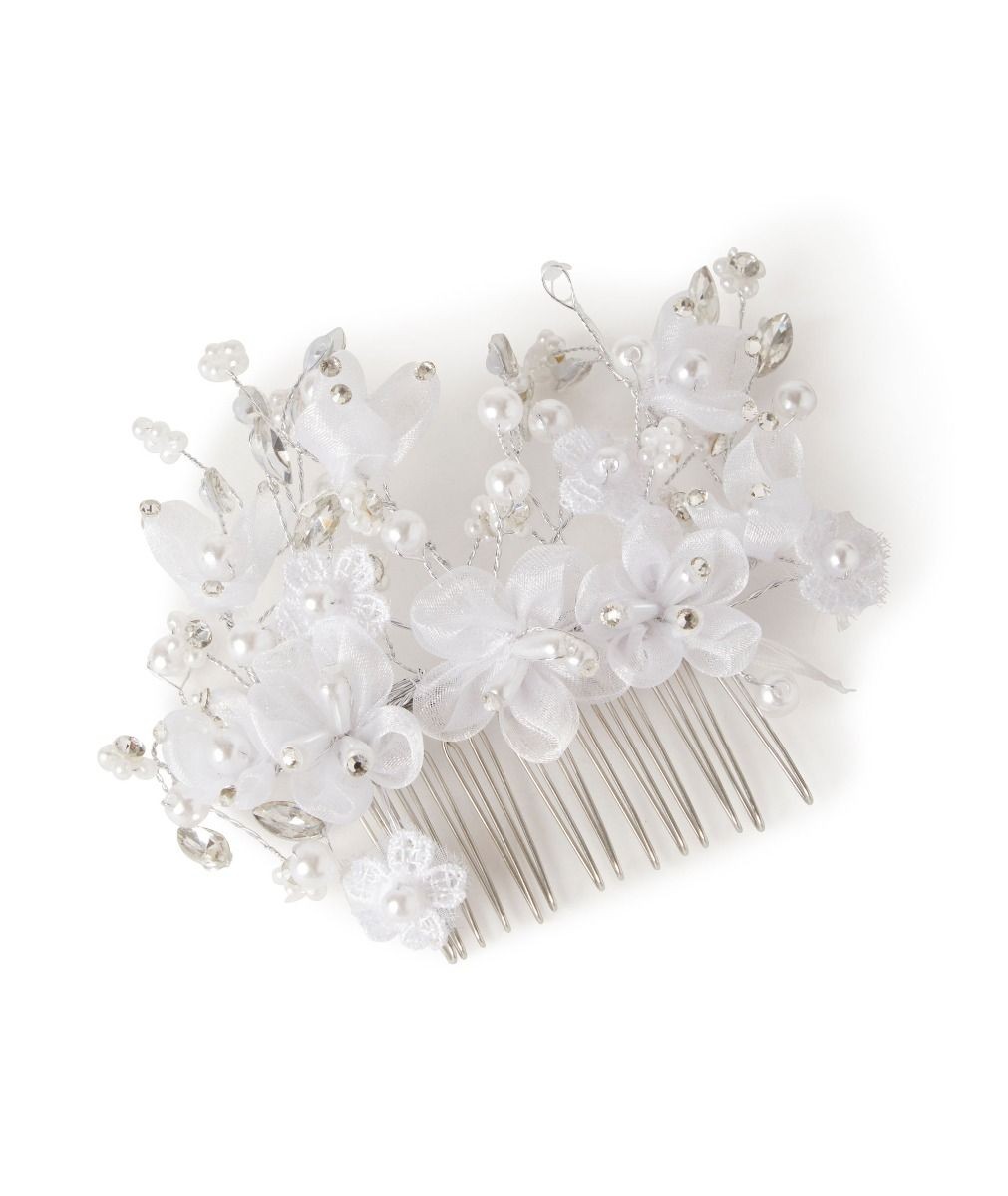 Girls Floral Crystal and Pearls White Hair Comb - HP336