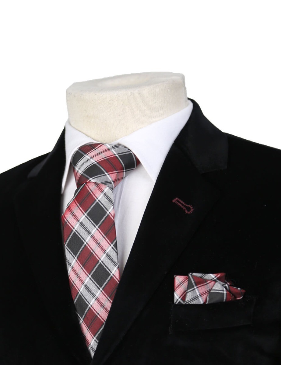Boys Plaid Checkered Tie & Hankie Set - Red and Grey