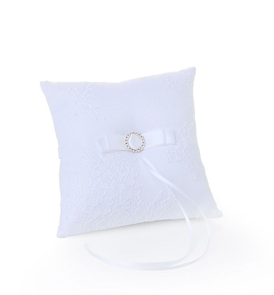 Lace Ring Pillow with Rhinestone Detail & Bow - CANADA