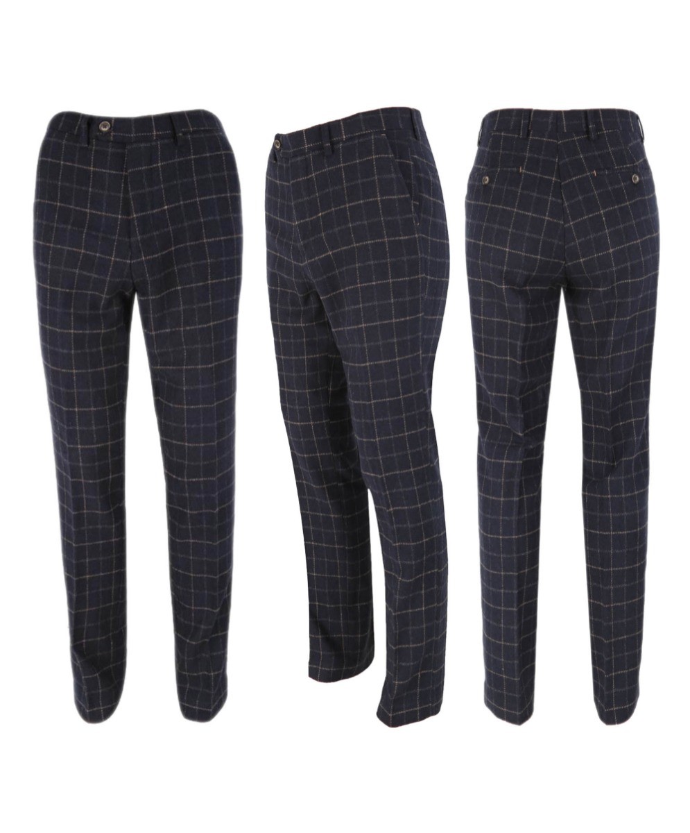 Men's Tweed Check Slim Fit Navy Trousers - SHELBY