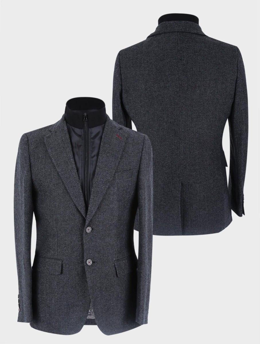 Men's Wool Herringbone Tweed Coat with Removable Zipper - Alexander