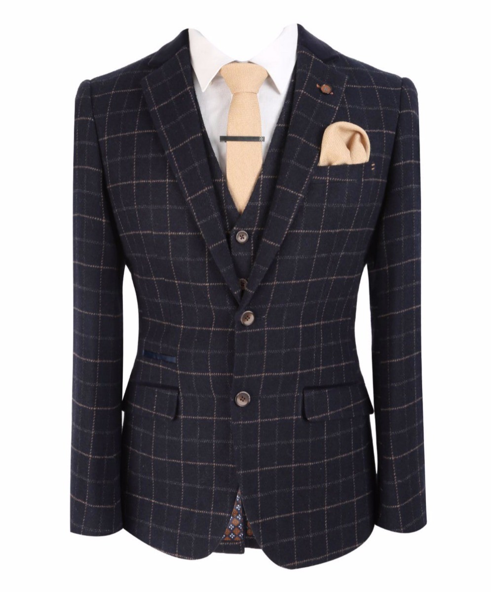 Men's Tweed Check Slim Fit Navy Suit Jacket- SHELBY