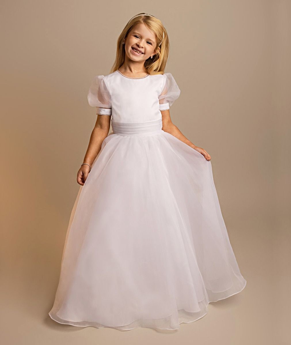 Girls’ White Puff Sleeve Tulle Skirt Communion Dress with Bow - Maryam