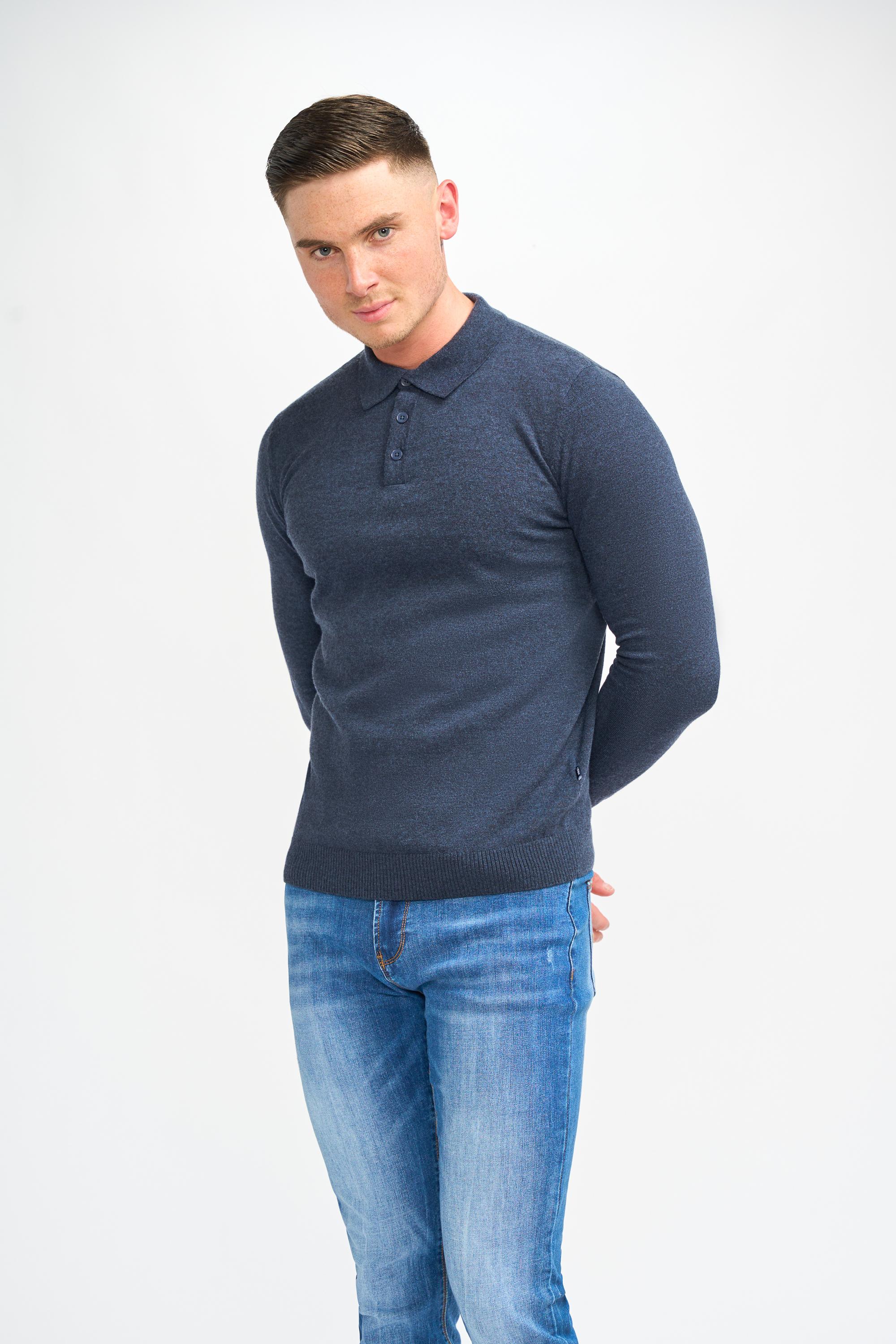 Men’s Wool Knit Long Sleeve Polo Shirt - Boom - Black