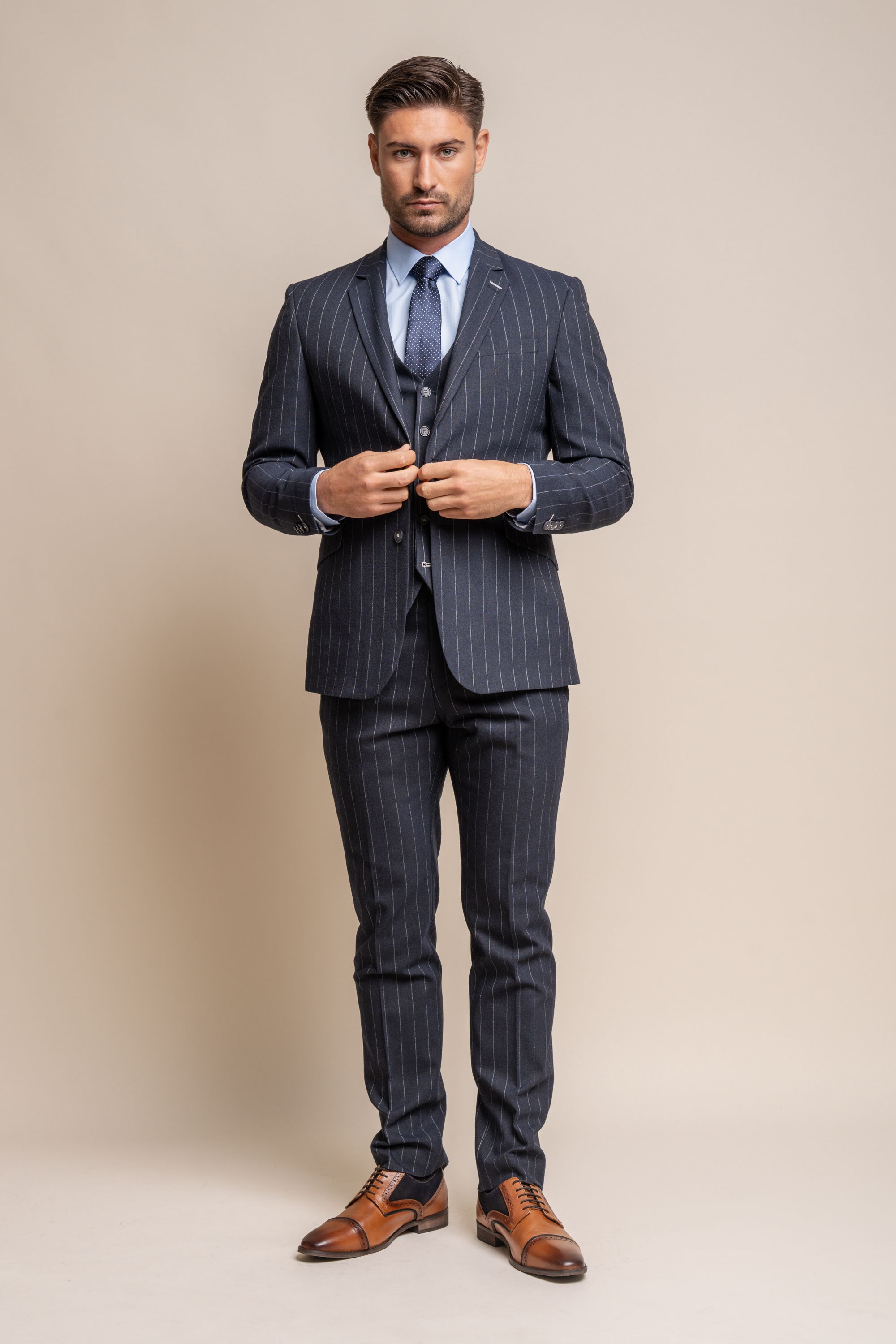 Men's Pinstripe Slim Fit Navy Blue Suit Jacket- INVINCIBLE