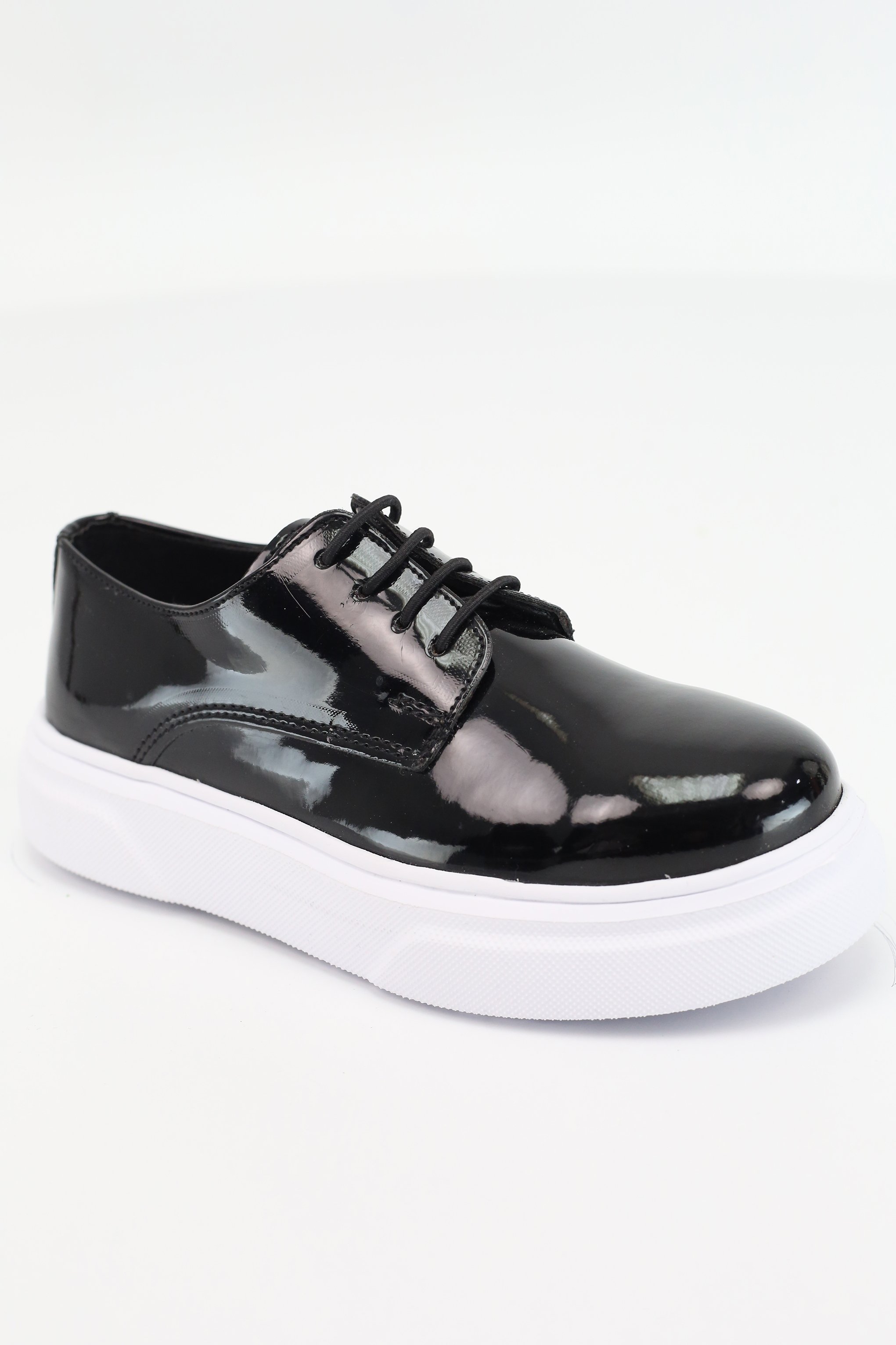 Boys Patent Black Lace-up Sneaker with White Thick Sole - Black